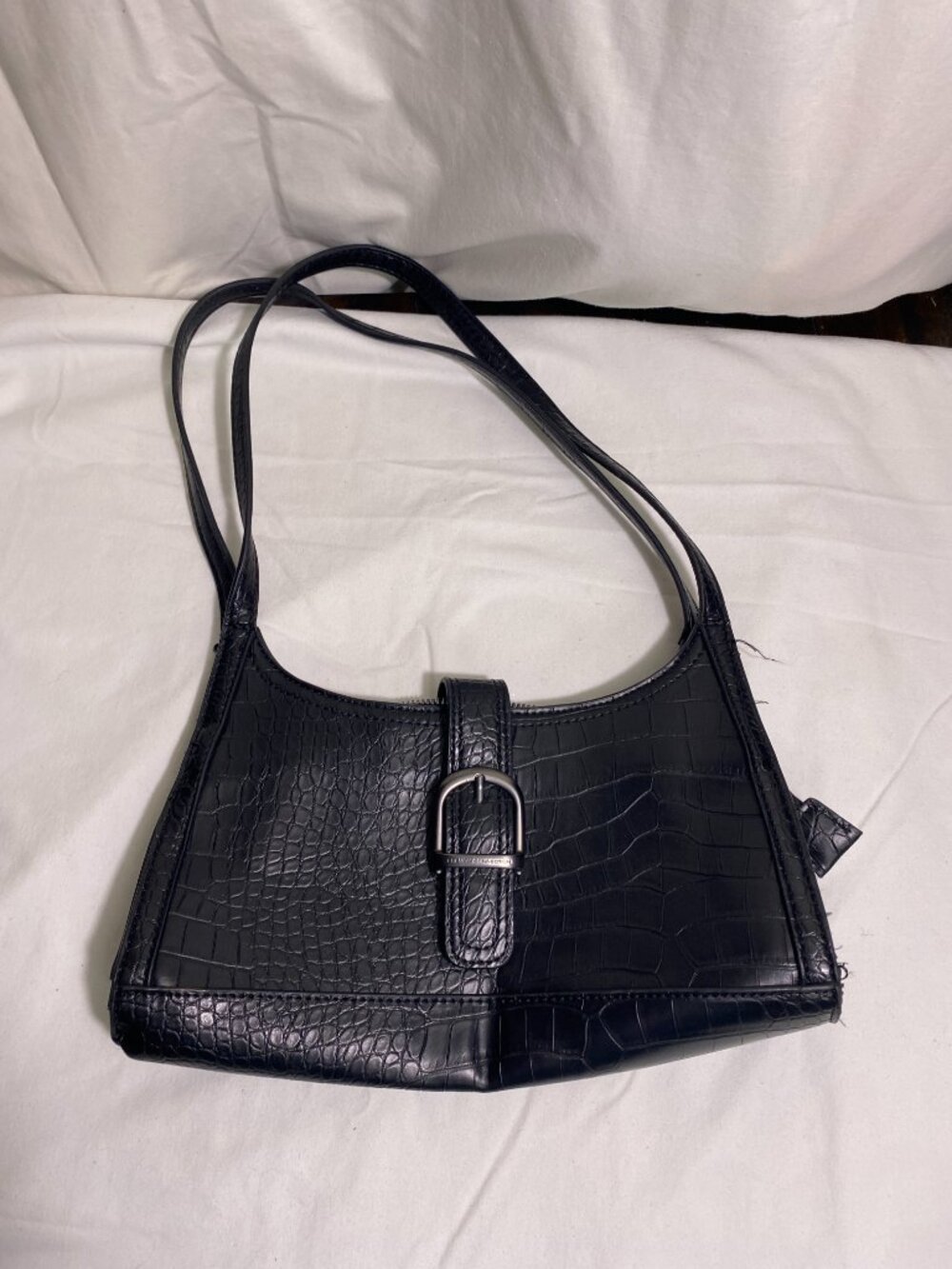 French Connection Faux Croc Shoulder Bag Black Baguette Purse Y2K Zip Top